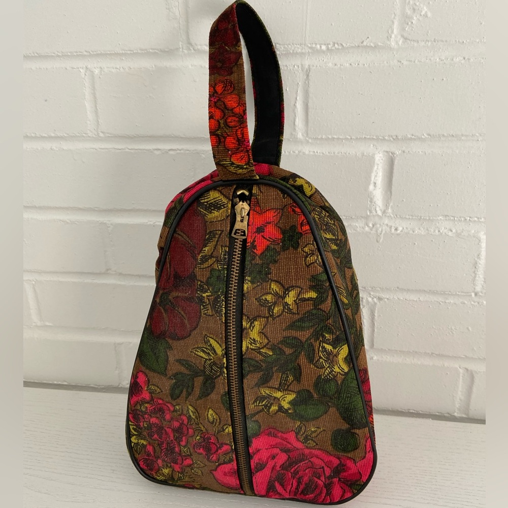 1950-1960 Classic Vintage Flower Print Canvas Shoe Bag With Handle and Zipper